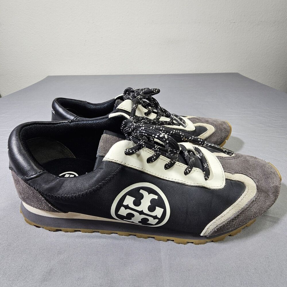 Tory Burch Annie Nylon Runner Sneakers Womens 8 M Black Grey Suede Double T Logo